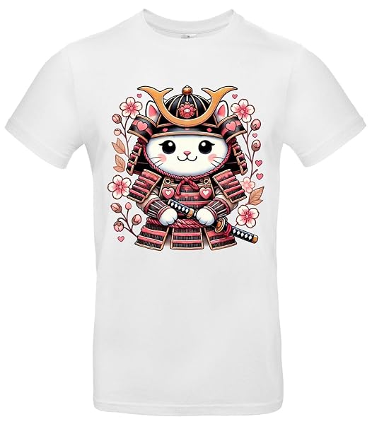 Süßes Samurai-Katzen T-Shirt Niedlicher Japan Style für Katzenfans - Weiß / S
