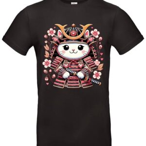 Süßes Samurai-Katzen T-Shirt Niedlicher Japan Style für Katzenfans - Schwarz / S