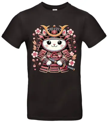 Samurai Katzen T-Shirt – Japan Style - Farbe Schwarz, Größe XXL