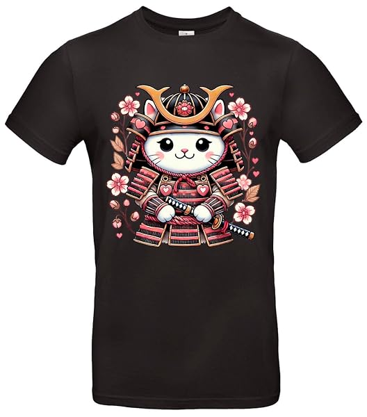 Süßes Samurai-Katzen T-Shirt Niedlicher Japan Style für Katzenfans - Schwarz / S