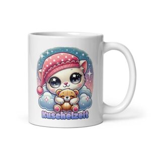 Kuschelige Katzen-Tasse mit Teddybär - Chibi-Motiv 'Kuschelzeit' - Geschenk für Tierliebhaber