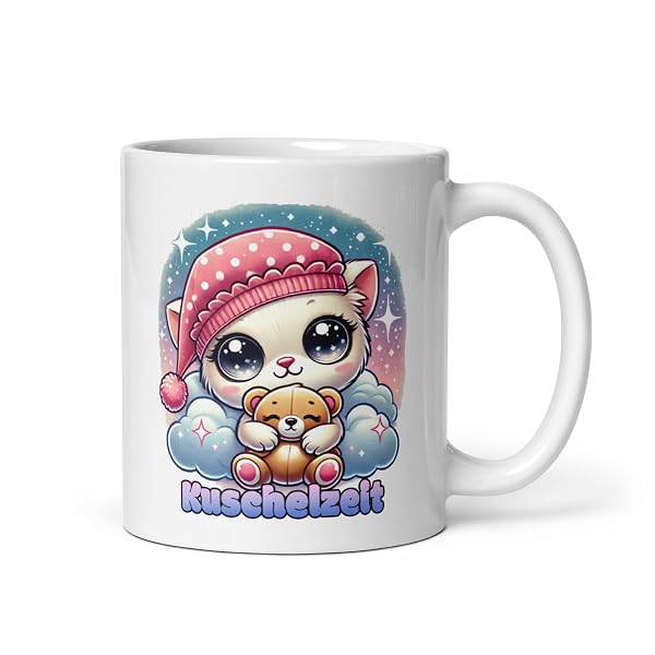Kuschelige Katzen-Tasse mit Teddybär - Chibi-Motiv 'Kuschelzeit' - Geschenk für Tierliebhaber
