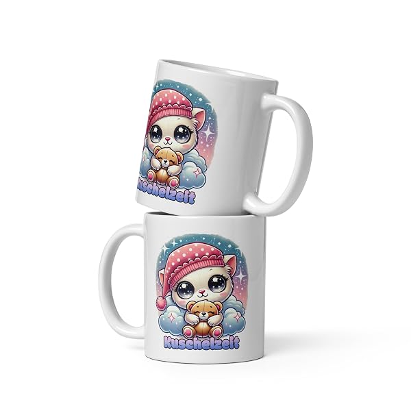 Kuschelige Katzen-Tasse mit Teddybär - Chibi-Motiv 'Kuschelzeit' - Geschenk für Tierliebhaber