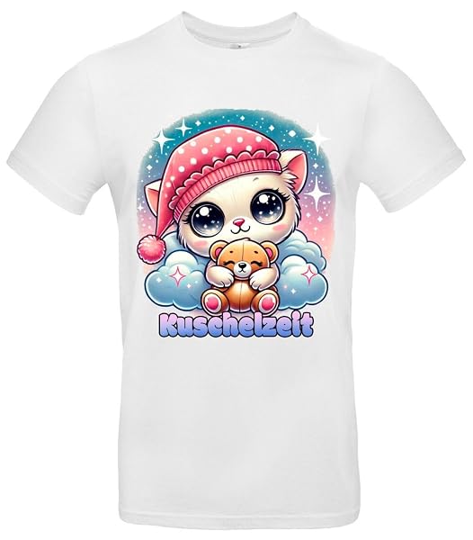 Kuscheliges Katzen-Shirt mit Teddybär Süßes Chibi-Motiv Kuschelzeit Perfekt für Tierliebhaber - Weiß / S
