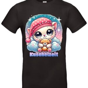 Kuscheliges Katzen-Shirt mit Teddybär Süßes Chibi-Motiv Kuschelzeit Perfekt für Tierliebhaber - Schwarz / S