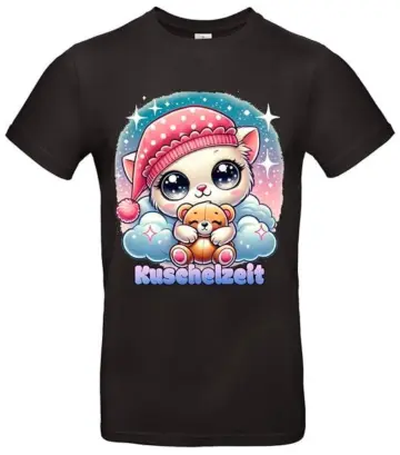 Kuschelige Katzen T-Shirt – Chibi Motiv - Farbe Schwarz, Größe XXL