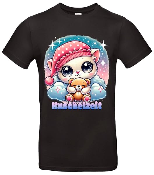 Kuscheliges Katzen-Shirt mit Teddybär Süßes Chibi-Motiv Kuschelzeit Perfekt für Tierliebhaber - Schwarz / S