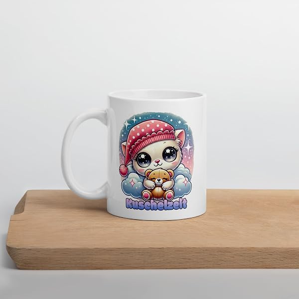 Kuschelige Katzen-Tasse mit Teddybär - Chibi-Motiv 'Kuschelzeit' - Geschenk für Tierliebhaber