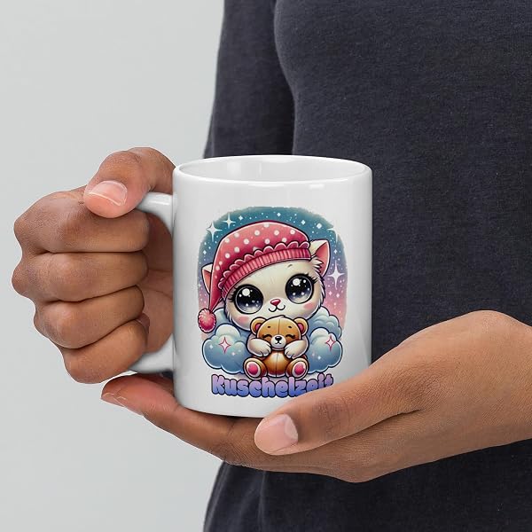Kuschelige Katzen-Tasse mit Teddybär - Chibi-Motiv 'Kuschelzeit' - Geschenk für Tierliebhaber